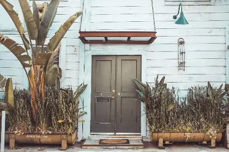 Fachada de uma casa branca em madeira, com porta marrom e um tapete em frente, com plantas ao redor.