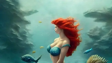 Sereia embaixo da água com peixes e corais ao seu redor