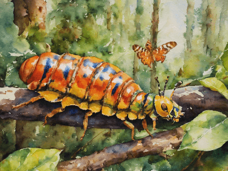 Uma lagarta verde linda se transformando em uma borboleta