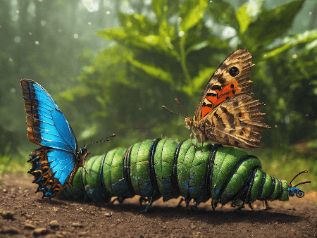 Imagem de duas borboletas com uma lagarta
