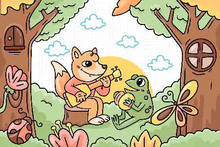 Desenho de uma raposa tocando vioão e um sapo tocando percussão na floresta